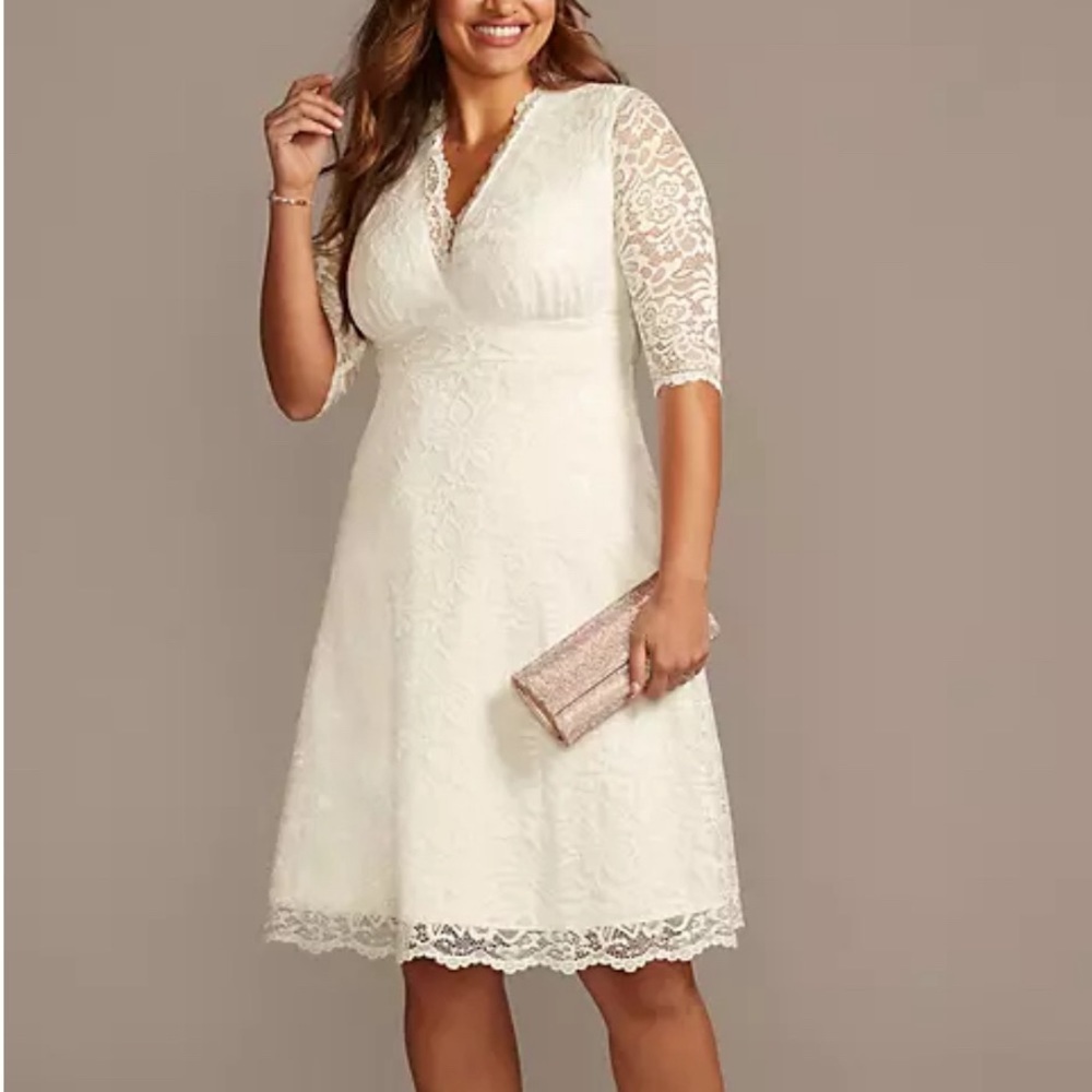 NWT Kiyonna Bridal Lace Scalloped 3/4 Sleeve Wedding Belle Knee Length Dress 0X